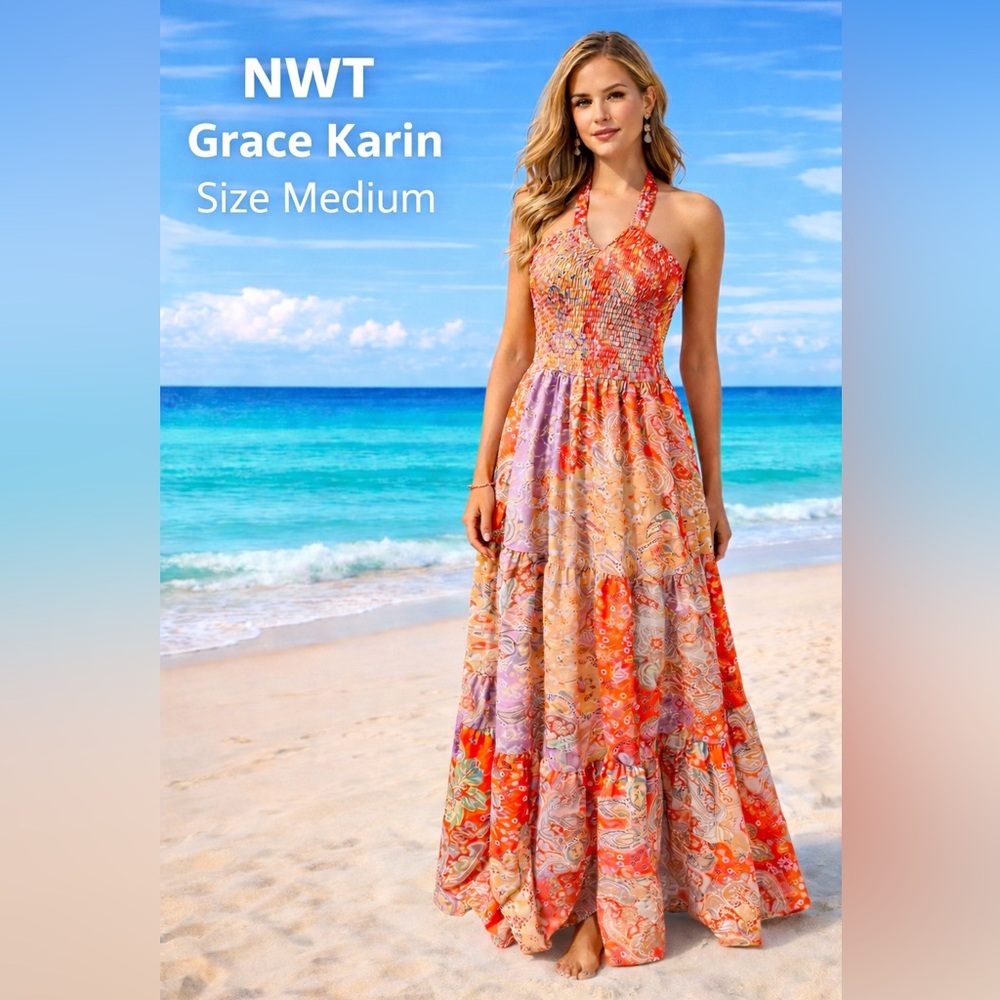 Grace Karin Orange Multi Halter Maxi Dress - Size M